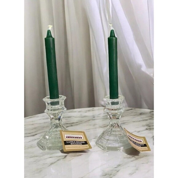 Taper Candle Holders Set Of 2 Clear Glass Candlestick Holder 4” Tall NEW NWT - Picture 1 of 10